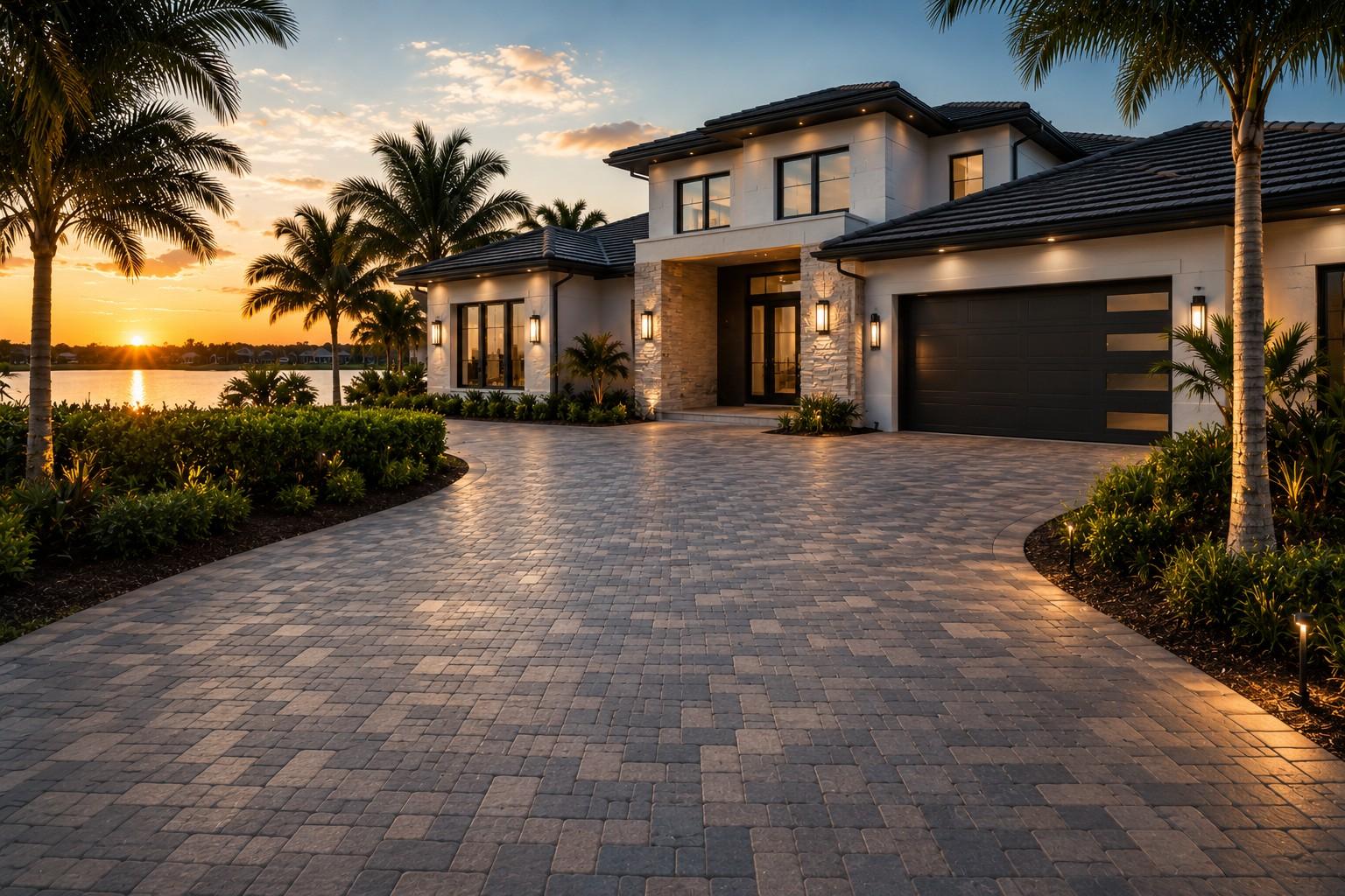Premium tan cobble paver driveway leading to a Florida home at sunset