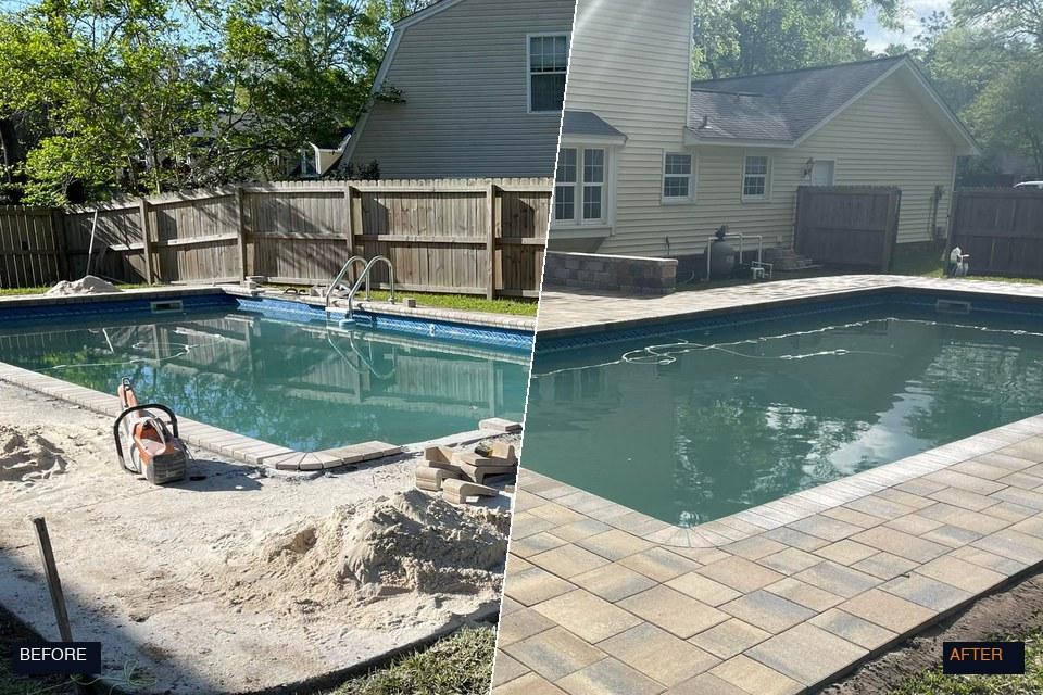 Pool deck before and after paver installation — Plenty Pavers