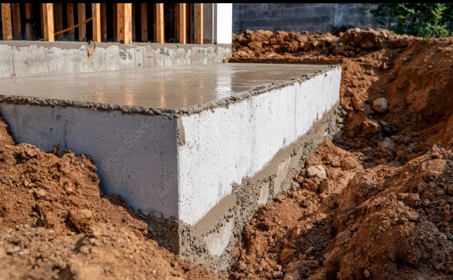 Concrete foundation with stem walls and rebar